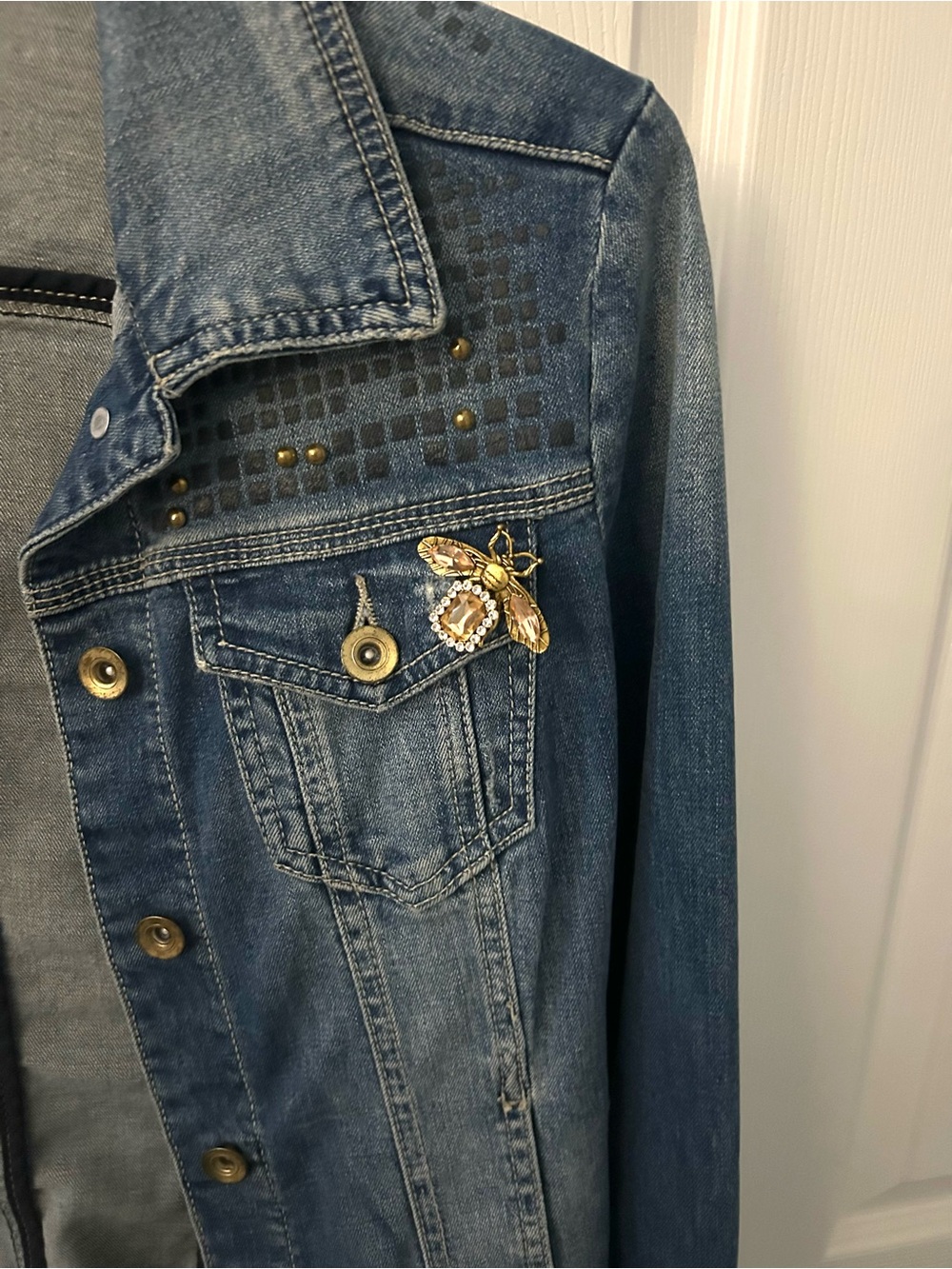 Forever 21 Blue Denim Jacket with Gold Bee Pin